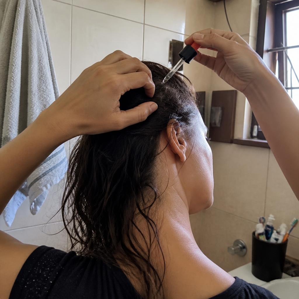 Customer applying Vellora oil to her scalp with the dropper
