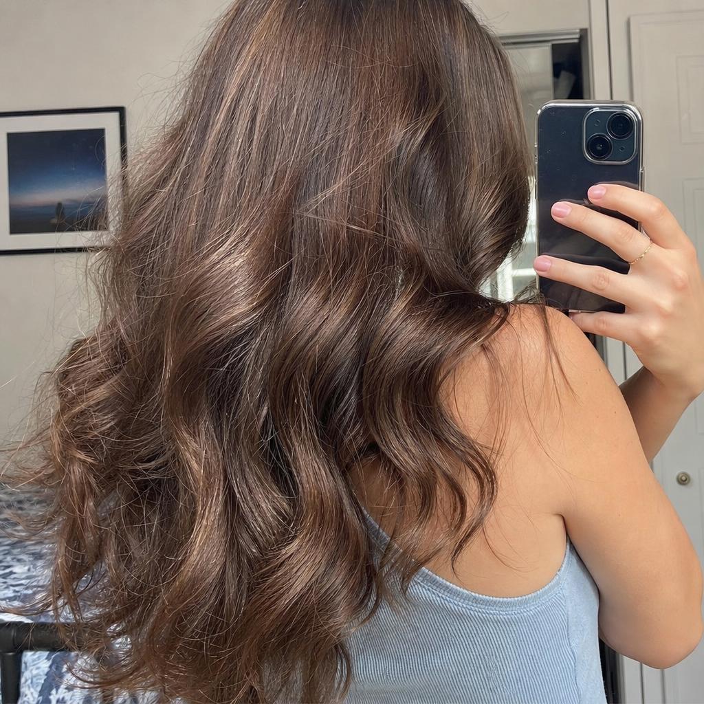 Customer selfie showing healthy wavy hair